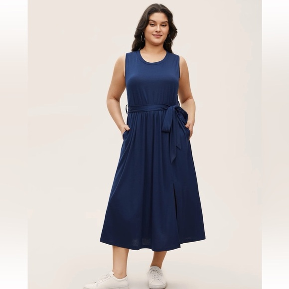 BloomChic Plus Size Solid Slit Hem Sleeveless Belted Dress - Picture 1 of 7